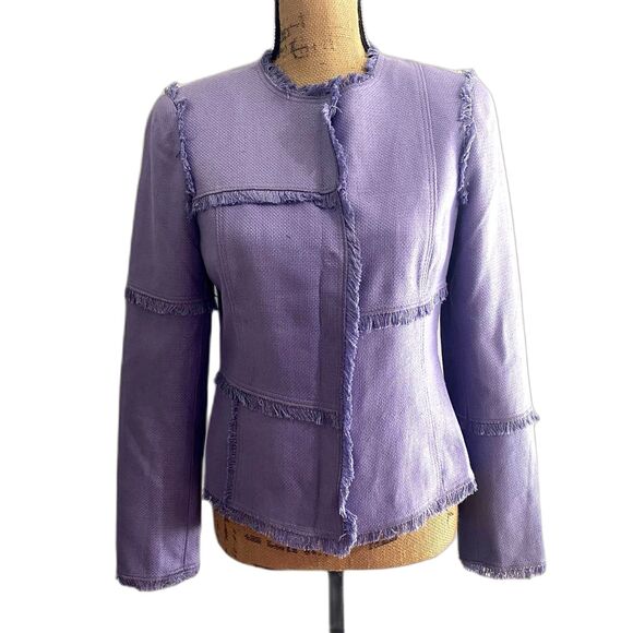 Worth New York Silk Tweed Fringe Jacket Button Front Periwinkle Purple Size 2 - Picture 1 of 5